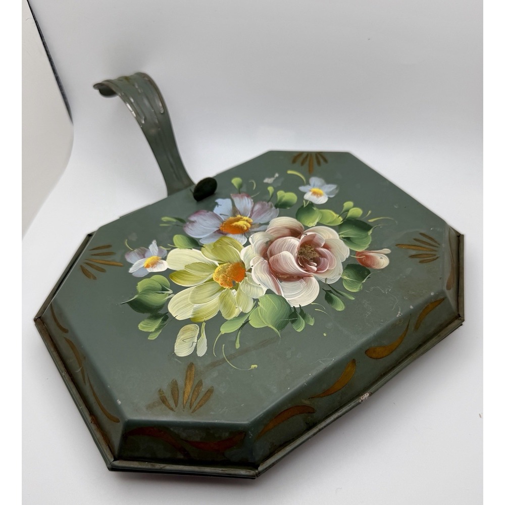 Vintage 1940's Floral Toleware Octagonal Silent Butler Metal Box 8.75"x6.5"